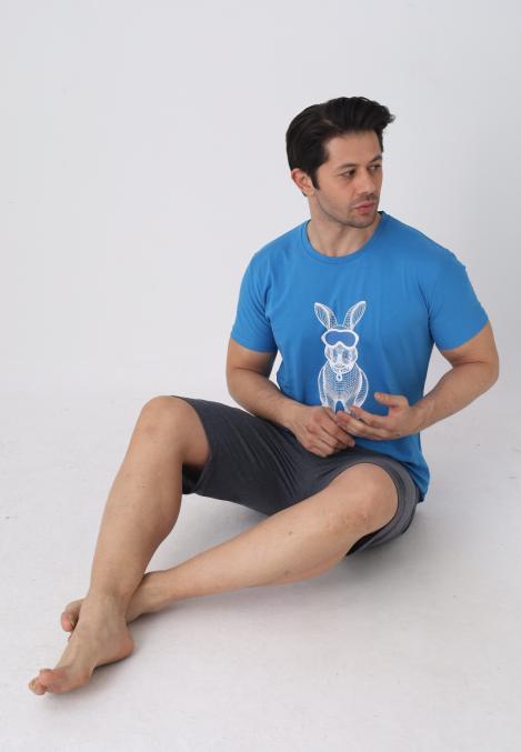 Pijama barbat cu maneca scurta si pantaloni 3/4, culoare albastru, Engros